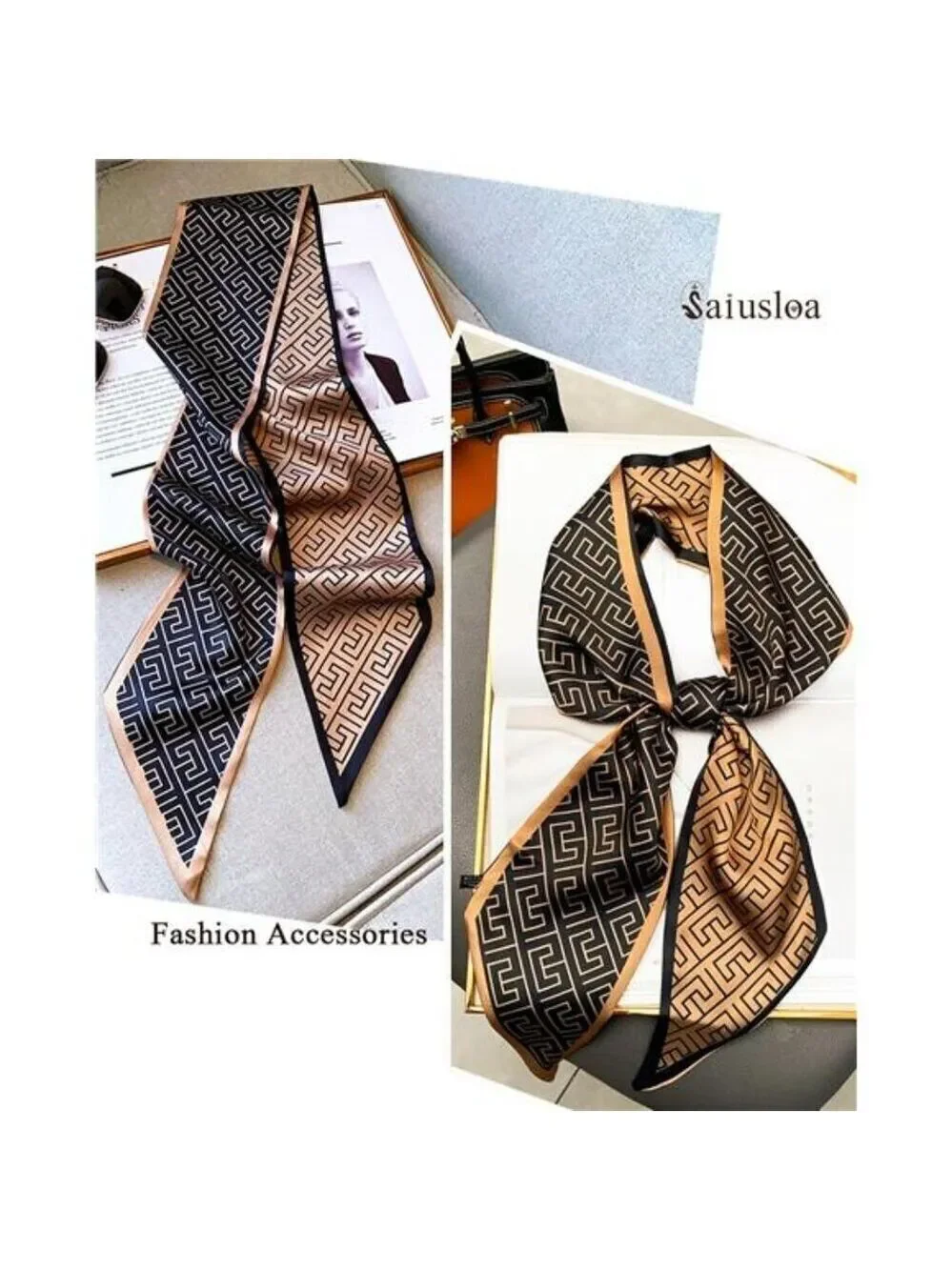 Purse Scarf For Handbags Head Scarves Black and Brown Hair Scarfs Long Skinny